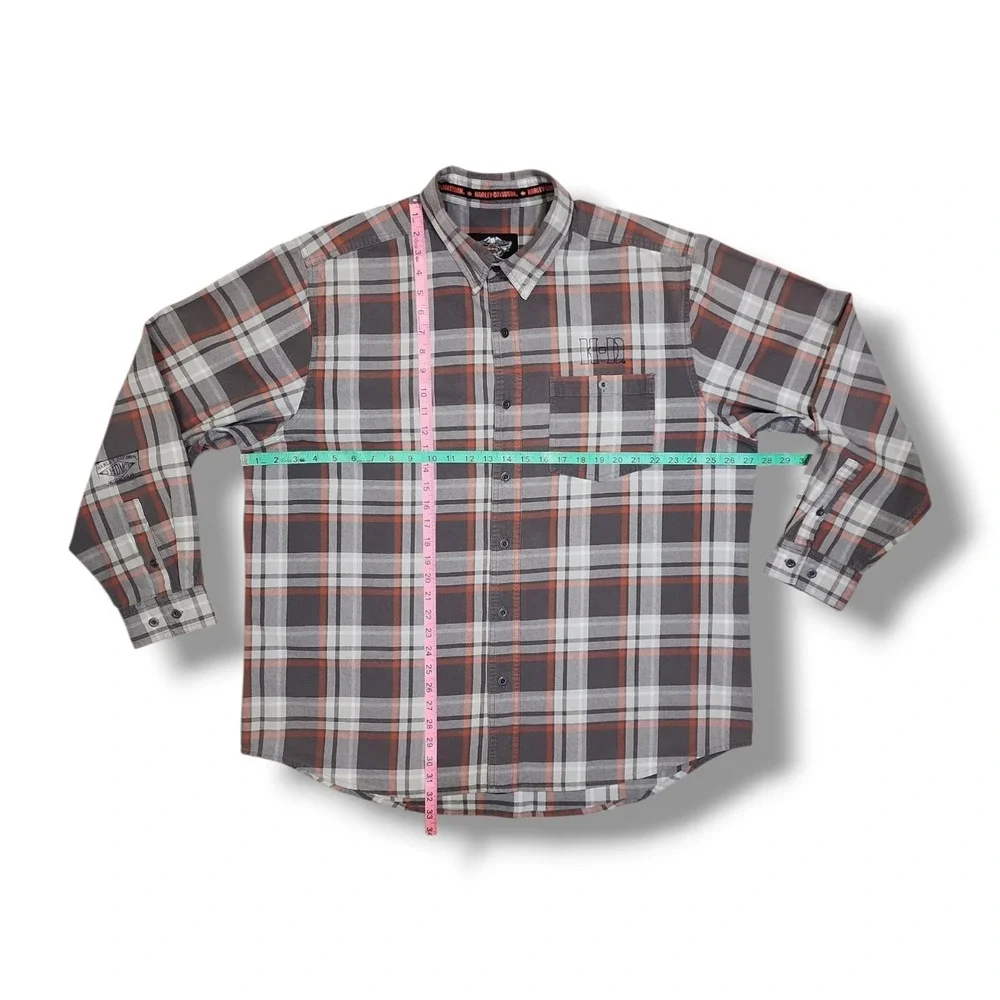 Harley Davidson Motorclothes Grey/Orange Plaid Button Down Long Sleeve Men's 2XL
